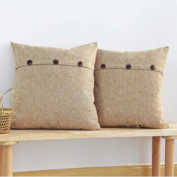 Luxury HomeRustic Farmhouse Tan Triple Button Faux Linen Throw Pillow Covers